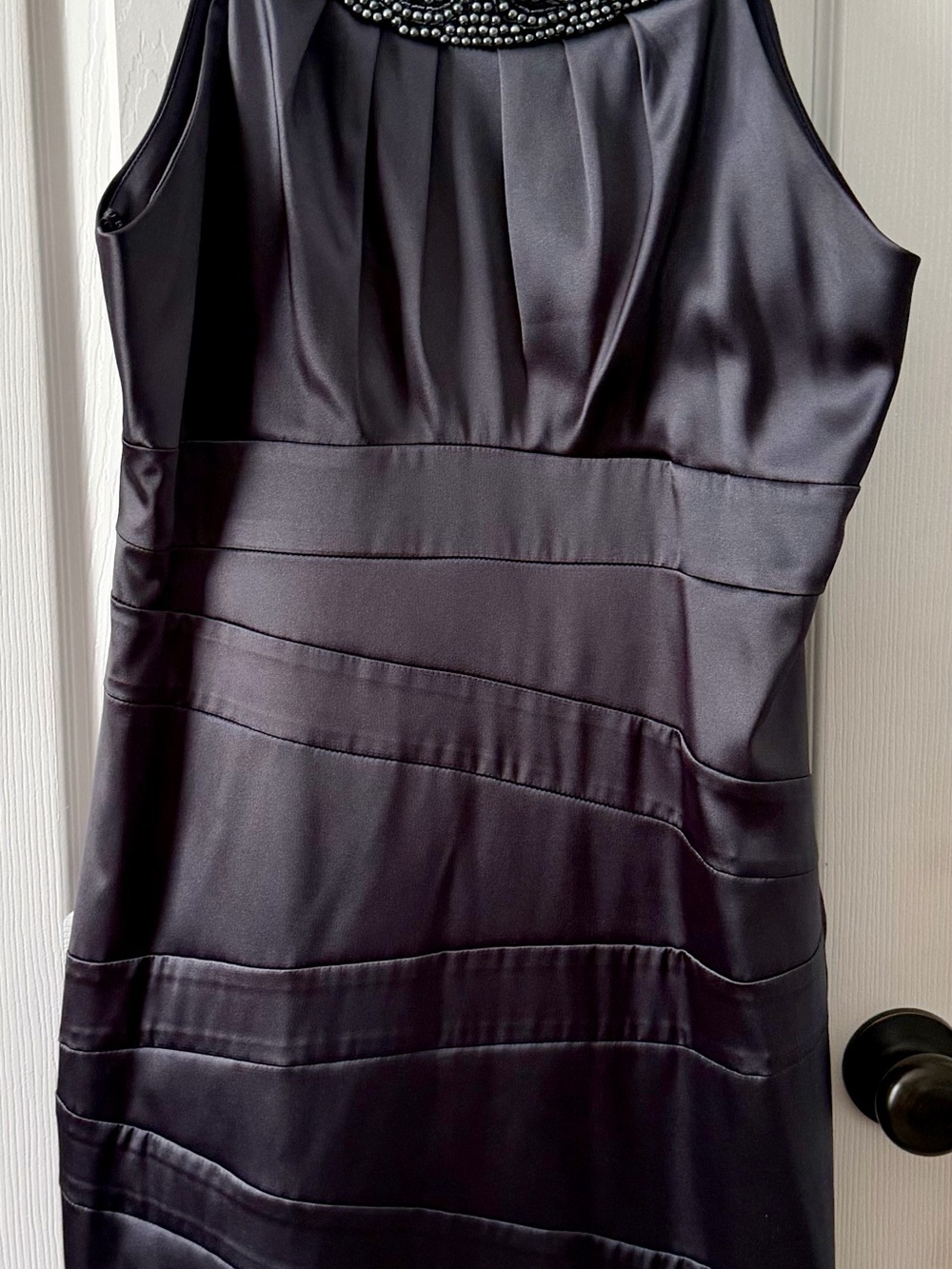 Bisou Bisou Black Satin Sleeveless Beaded-Neck Sheath Dress